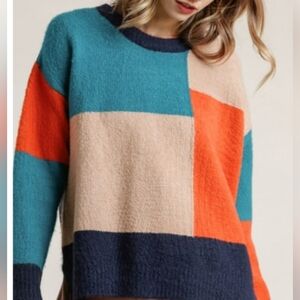 Umgee Multicolor Color Block Sweater Teal, Orange, and Beige Medium PTP 24 EUC